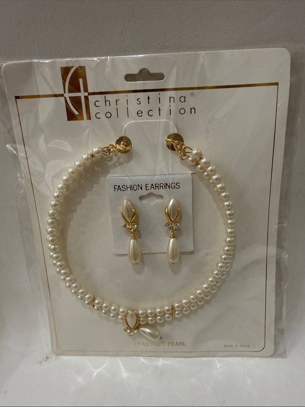 Christina Pearl Choker Necklace Rhinestone Gold Drop Pierce Earrings Set New